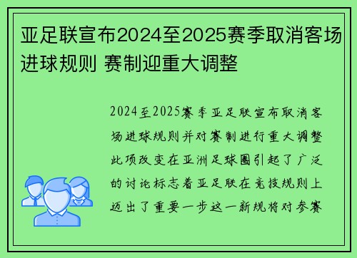 亚足联宣布2024至2025赛季取消客场进球规则 赛制迎重大调整