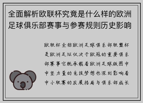 全面解析欧联杯究竟是什么样的欧洲足球俱乐部赛事与参赛规则历史影响 全面解析欧联杯究竟是什么样的欧洲足球俱乐部赛事与参赛规则历史影响